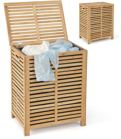 COSTWAY Cesto Portabiancheria in Bambù Ecologico, Porta Biancheria Sporca con Coperchio, Magniglie e Borsa rimovibile, Portata 80 L, Cesto Biancheria Sporca per Bagno, Lavanderia e Camera da Letto