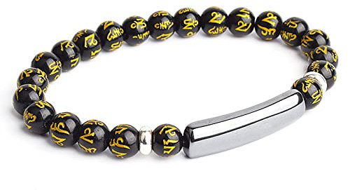 Armkette Herren, Natürlicher Schwarzer Onyx, Gold, Sechs-Zeichen-Ratschlag, Steinarmband Mit Brücke, Elastisches Seil, Chakra-Armbänder, Glücks-Yoga, Unisex-Charme-Schmuck Für Frauen, 19 cm (7,