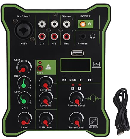 FOLOSAFENAR Mixer di Linea a 5 Canali, Mixer Audio Professionale, Chip di Effetti Digitali con Effetto di Riverbero USB Bluetooth, Interfaccia USB per Telefoni Cellulari
