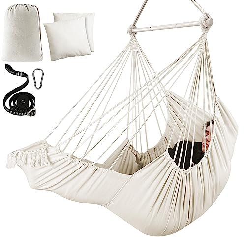 Chihee Hängesessel Hängende Schaukel 2 Kissen Enthalten,Langlebige Spreizstange Hängesessel aus Baumwollgewebe Seitentasche Großes Quastenstuhl-Set Fußstützenstütze Unterschenkel Fuß Komfortabel