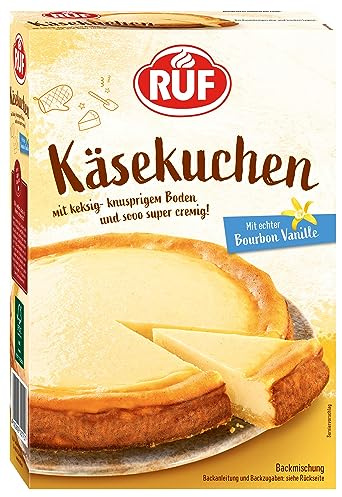 RUF Käsekuchen Backmischung, Cheesecake mit knusprigem Streuselteig, super cremiger Kuchen mit echter Bourbon-Vanille, einfache Zubereitung, 1 x 570g