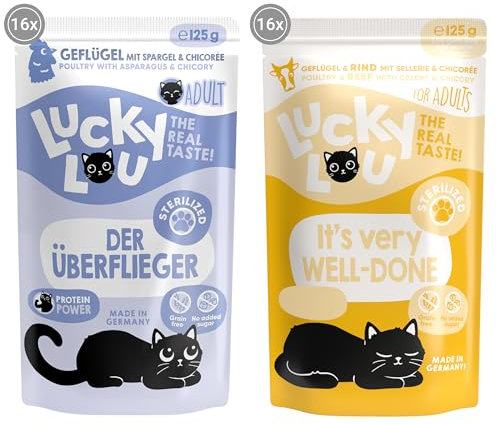 Lucky Lou Lifestage Sterilized Geflügel & Rind Mix-Paket Katzenfutter nass - für sterilisierte Katzen mit viel Protein - Nassfutter getreidefrei & ohne Zucker, 125g (32er Pack)