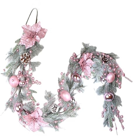 6FT Weihnachtsgirlande, hängende künstliche rosa Kranz Girlande mit Weihnachtsblume, Kiefernzapfen, Kugeln Ornament, Weihnachtskiefer Girlande für Tür Treppen Tür Indoor Outdoor Weihnachtsdekorationen