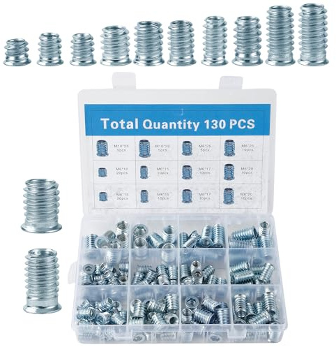 130 Pièces Insert Fileté Bois M6/M8/M10 Écrous en acier galvanisé, avec boîte de tri, pour le traitement de pièces en plastique et la fabrication de meubles