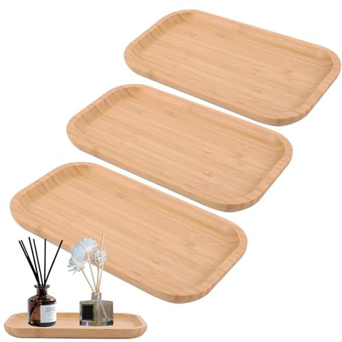 ZOFUN 3 Stück Bambus Tablett Rechteckige Serviertablett Holz, 25x14x2cm Küchentablett Holztablett Bambustablett Bambusuntersetzer Servierplatten Bambus Unterteller Bamboo Tray für Sukkulenten