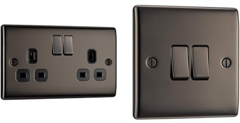 BG Electrical NBN22B-01 Double Switched Power Socket, Black Nickel, 13 Amp & Electrical NBN42 Double Light Switch, Black Nickel, 2-Way, 16AX