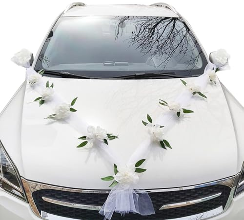 EHDWXVZM - Ensemble de décorations de voiture de mariage, guirlande en maille, blanc, adapté aux voitures de mariage et aux décorations de flotte