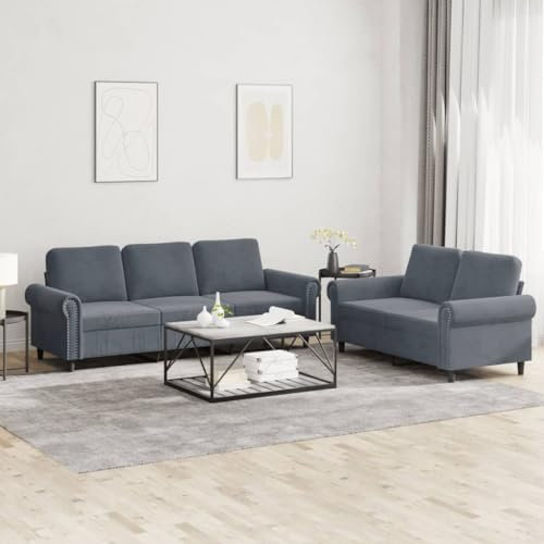 Homgoday 2-TLG. Sofagarnitur mit Kissen Sofa Couch Wohnzimmersofa Loungesofa mit Armlehnen, Couchgarnitur Designsofa Sitzmöbel Polstermöbel für Wohnzimmer Büro Dunkelgrau Samt