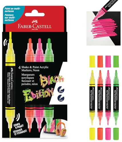 FABER-CASTELL - Acrylmarker Shake & Paint Black Edition, 4 Neon Farben | Acrylstifte mit Doppelspitze (1 mm und 3 mm) für Papier, Holz, Glas, Stein und mehr