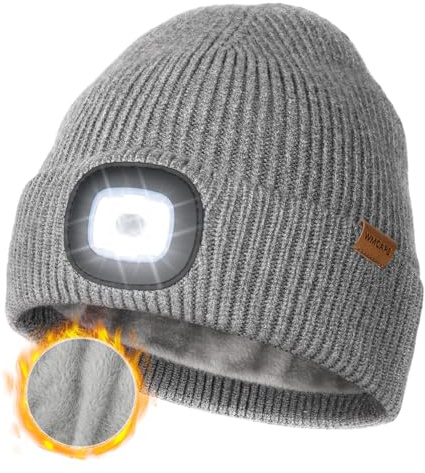 Wmcaps Mütze mit LED Licht, Type-C, wiederaufladbar, warme Futter, Geschenk | Dehnbar-weich, Freihändige Stirnlampe, Wintermütze für Herren, Ideal für Joggen, Hundespaziergänge und nächtliche Arbeiten.