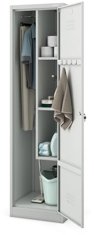 Jan Nowak Armadio per scope in metallo, Agnes, 50 x 185 x 50 cm, multiuso, con ripiani e asta appendiabiti, serratura, ventilazione, armadietto per la pulizia sottile, larghezza 50 cm, grigio