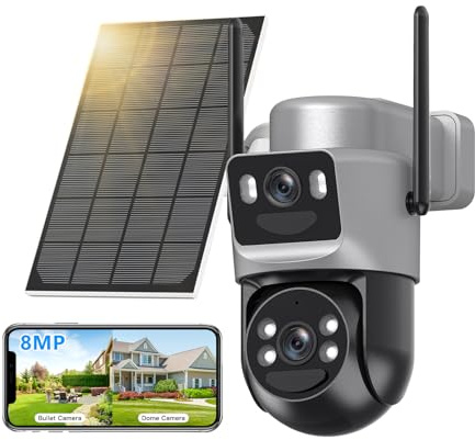4K Solar Security Cameras Wireless Outdoor Battery Powered, 5GHz & 2.4GHz Dual Lens Bullet & 360°PTZ Linkage Outdoor Security Camera with Solar Panel, 8X Digital Zoom Color Night Vision (Silver)