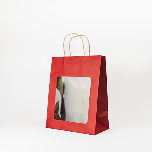12 Stk. Papiertragetaschen Kraftpapier rot mit Sichtfenster groß – 220x110x280 mm – Geschenkverpackung für Flaschen und Gläser (Rot groß)