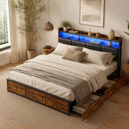 PerGar LED Metallbett 140x200 cm, Bettgestell mit 4 Schubladen & Stauraum | Modernes Doppelbett Vintage Holz & Schwarz, Funktionsbett mit LED-Kopfteil-Ablage, Stabiles Industriedesign Ehebett PU-Leder