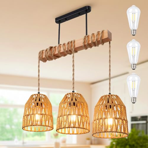 SERBASIC Rattan Pendant Light Kitchen Island Chandelier Height Adjustable Boho Lamp E27 Basket Lamp for Dining Room Living Room Bedroom Hallway Kitchen