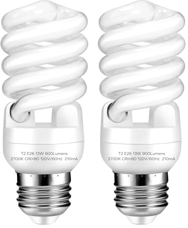 Arsmrau E26 Base 13W 2700K 900lm CFL Light Bulbs, T2 Spiral (60Watt Equivalent) Soft White Compact Fluorescent Light Bulbs, UL Approved, 120v 60Hz, Self Ballasted, Indoor Use (2 Pack)