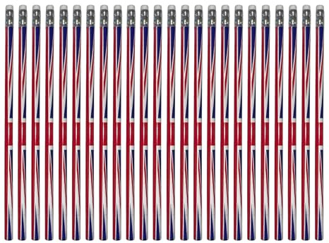 LILAJ Union Jack Pencil with Eraser – UK Flag Design HB Graphite Collectable – British Novelty Souvenir Stationery Gift – School Kids, Office Supplies, Party Decor Bags – Pack - 24