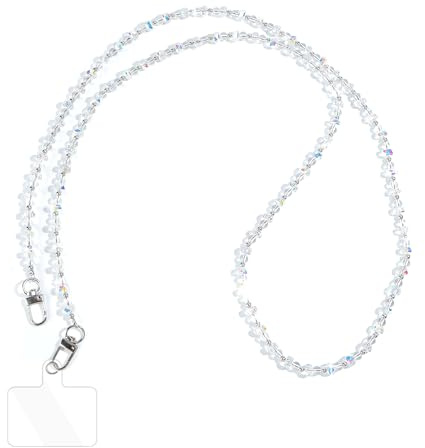 Reownest Cordon Portable Universelle avec Patch, Lanière Téléphone avec Design Bling Mignon et Perles Cristal, Accessoire Bandoulière et Porte-Clés Anti-Perte pour Filles et Femmes – Blanc