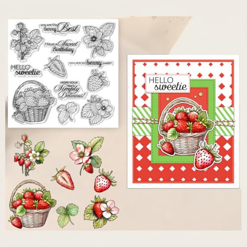 Sredwtk Blumen Erdbeeren Clear Stamps Für DIY Scrapbooking Geburtstag Silikonstempel Transparente Stempel Siegel Für Kartenherstellung Tagebuch Fotoalbum Geburtstag Hochzeit Weihnachten