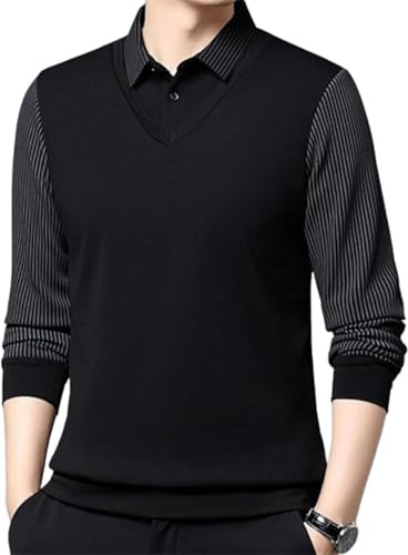 Haut à manches longues et revers en faux deux pièces pour homme, faux revers rayé pour homme, pull décontracté, Noir , XL