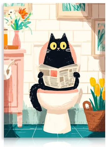 Dazzlewall Mignon Chat Art Mural Décor, Dessin Animé Chat Noir Lecture Journal Sur les Toilettes Oeuvre D’Art Imprimer Salle de Bain Animal Affiche Murale Peinture, 30x40 cm Sans Cadre