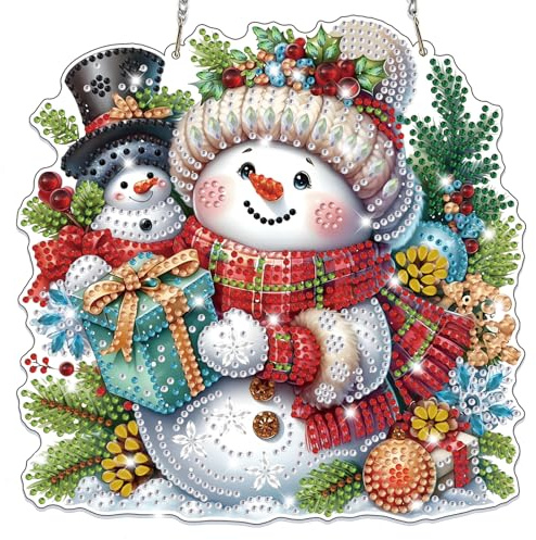 Lxmsja Weihnachten Diamond Painting Anhänger, 5D Diamond Painting Fensterbilder Schneemann für Erwachsene Kinder, Weihnachtsgeschenke Bastelset Kreativ Set Ornament Tür Fenster Wand Decor