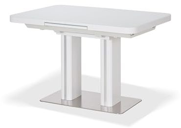 KHG Esstisch ausziehbar mit Glasplatte Weiß, integrierter Mittelauszug 120-160 cm, Küchentisch bis 100 kg belastbar, gerade Tischkante mit abgerundeten Ecken, Edelstahl-Bodenplatte