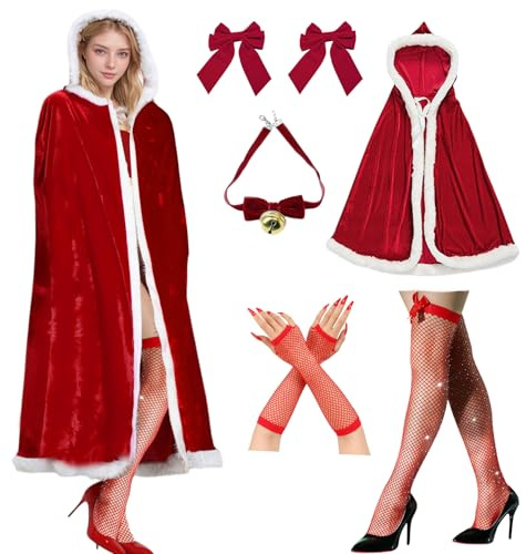 Solorass Déguisement Costume Mere Noel pour Femme Cape Robe Mère Noël 150 cm Manteau en velours avec Capuche Tenue de Père Noël pour Fête des Femmes