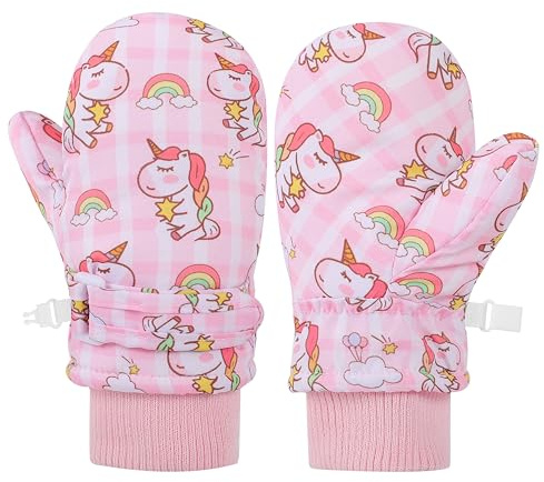 QKURT Manoplas de Invierno para Niñas, Guantes Impermeables y Forro Polar Cálido para Niños 1-2 Años, Manoplas Rosas con Unicornio para Bebés niño pequeño