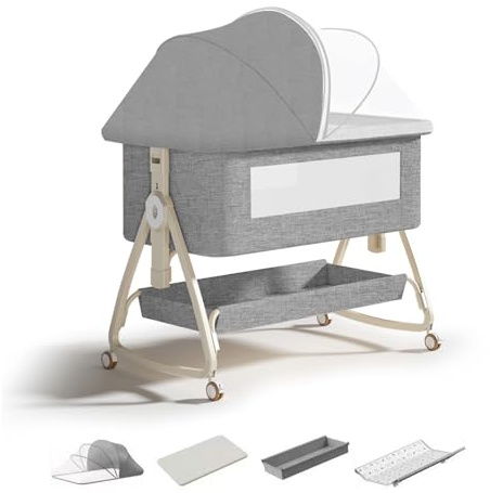 4 in 1 Baby Bedside Crib,6 Height Adjustable Next to Me Crib,Co-Sleeping Baby Cot Bed with Mattress,Detachable Net,Storage Basket & Changing Table,Can Switched to a Bassinets for 0-3 Years (Gray)