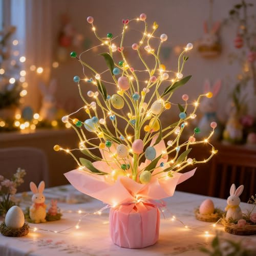 Osterdeko Baum Lichter, Ostereierbaum mit LED Lichterkette, Künstlich Osterbaum mit Bunt Ostereier, Karotte und Blumen, LED Ostern Deko Baum Innen Frühlingsdeko Lichterbaum für Party Oster Tischdeko
