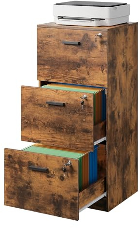 DEVAISE Rollcontainer abschließbar mit 3 Schubladen und offenen Fächern, Schreibtisch Schrank für Büro, Home Office, Rollcontainer Braun für DIN A4/Legal/Letter