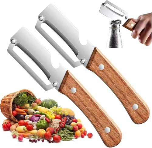 Peladores de madera Zero Snag (paquete de 2), pelador multifuncional 2 en 1 con abridor de botellas, ideal para la cocina: frutas, papas, calabaza, papaya y zanahorias