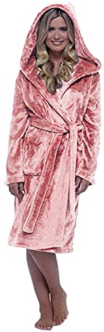 Husdräkt dam fleece varm med huva, pyjamas lång fluffig med fickor | Vinterpyjamas, långärmad, dam, enfärgad, unisex, badrock, lös passform, morgonrock, knälång, sovkläder, bekväma loungewear
