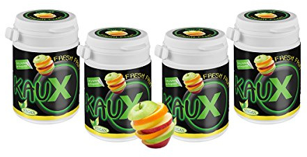 kauX Xylitol Zahnpflege-Kaugummi ohne Aspartam, 4'er Pack Fresh Fruit (60g=40 Stück pro Dose)