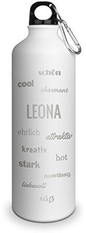 Trinkflasche mit Namen Leona - graviert mit Positive Eigenschaften, Aluminiumflasche mit Gravur, Sportflasche - matt weiß