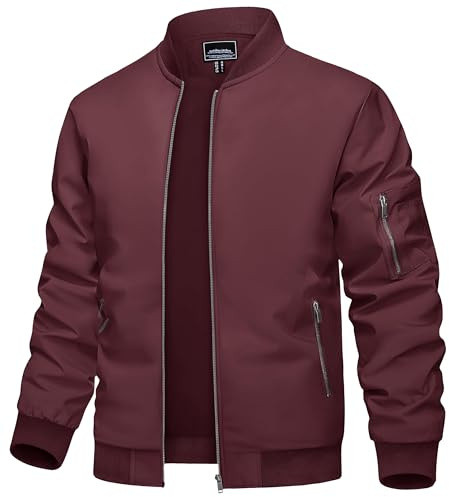 TACVASEN Bomberjacka för Män Lätt Övergångsjacka Militärflygjacka Stand-up Krage Höst Vårbluson med Blixtlåsfickor, Vinröd