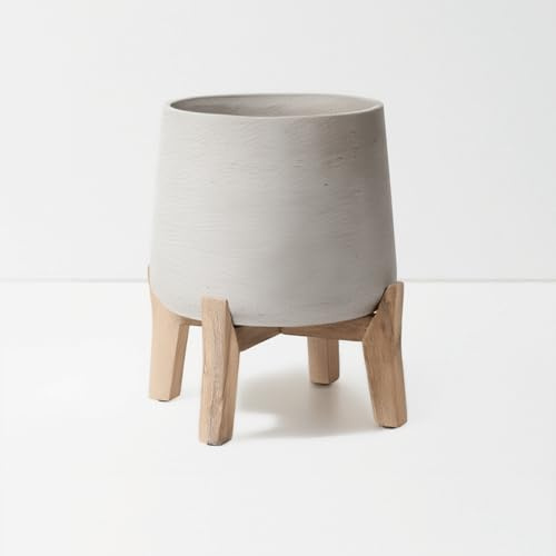 Finestgreen Patt Feet Low | Handgefertigtes Pflanzgefäß auf Holzfüßen (XL Ø:28 H:29 cm, Grau) | Pottery Pots