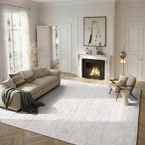 SAFAVIEH Area Rug 8x10 - Berber Shag Collection - Large - Ivory & Light Grey, Modern Design, Non-Shedding & Easy Cleaning, Plush Thick Pile, Ideal for Living Room, Bedroom, Dining Space (BER563F)