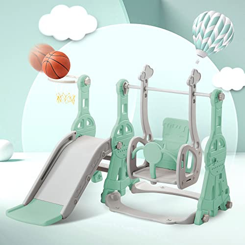 Merax Rutsche für Kinder, 4 in 1 Kinderrutsche Schaukel Basketballkorb, Kletterleiter, Kinder Spielplatz Gartenrutsche für In- und Outdoor, Hinterhof Baby Rutsche Set, Grün