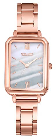 JewelryWe Uhren Damen Analog Quarz Armbanduhr Metallarmband Beiläufige Uhr Spangenuhr mit weißem rechteckigen Muschel Zifferblatt Rosegold
