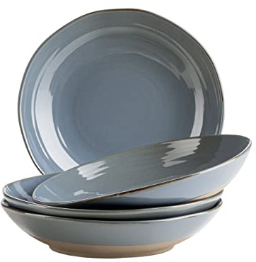 MÄSER Serie Nottingham, 4er Suppenteller Set mit filigranem Linienspiel und edler Glasur, große tiefe Teller für Pasta und Suppen aus Keramik in modernem Vintage Look, Steinzeug, Grau-Blau