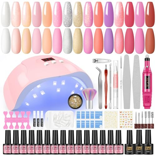PEACECOLOR Gel Nail Kit with Electric Nail File 18Pcs Gel Nail Polish Sets with 36W UV/LED Lamp Starter Kit and Top Base Matte Coat Professional Manicure Tools & Decoration
