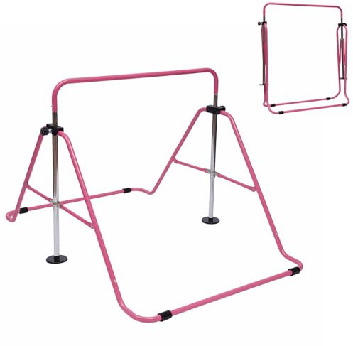 Ciounmb Gymnastikräcke, gymnastik, barn, gymnastik, bar, hopfällbar gymnastikstång, justerbar höjd, dra upp expanderbar, barn, horisontell bar, träningsutrustning, gymnastikstänger, horisontell (rosa)