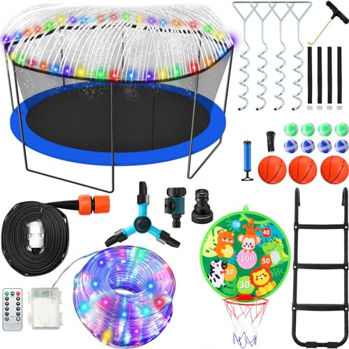 Gemscream Trampoline Accessories Kit, 3 Step Trampoline Steps 72ft 200 LED Lights 4 Stakes with 4 Belt, T Shaped Hooks, 39.4ft Sprinkler Basketball Hoop Dartboard