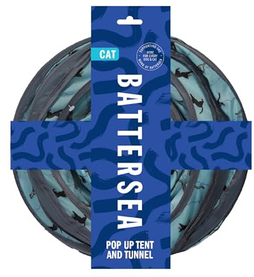 Rosewood Battersea Pop Up Tent and Tunnel for Cats, 2PC Foldaway Cat Toy, Fun Tent Hideaway with Plush Cat Ball Toy and Tunnel in Battersea Print, Blue