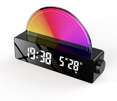 Winnes Digitaler Radiowecker,Mit Spiegel, 7 Beleuchtungsarten Nachttischlampe für Schlafzimmer，Wecker Laut für TiefschläFer，12/24 H，USB-Betrieben，Geeignet als Geschenk，Schwarz