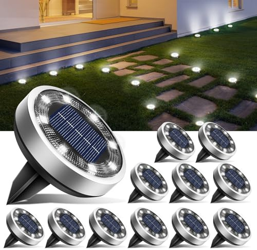 btfarm Lot de 12 Lampe Solaire Au Sol, 8 LED Jardin Exterieur Solaire Etanche Lumiere Solaire, Spot Solaire Extérieur pour Chemins Pelouse Terrasse Allée Cour Piscine, Blanc Froid