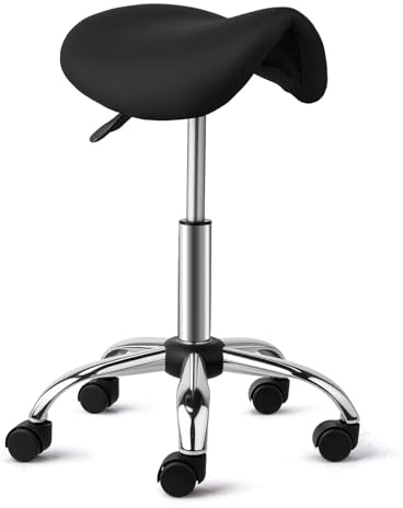 Bonnlo Saddle Stool with Wheels - Height Adjustable Swivel Stool - for Salon Massage Home Kitchen Clinic, Weight Capacity 400lbs, Black, Sliver Legs