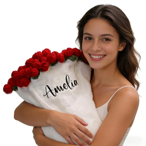 HUTARIO Custom Name Embroidery Crochet Flower Bouquet Blanket Handmade Knitted Rose Throw Blanket Flowers Birthday Christmas Valentines Day Gifts for Women